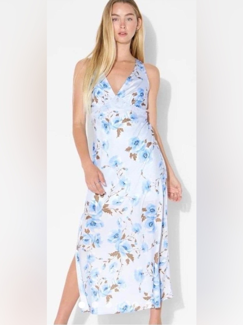 Wild Fable Light Blue Floral Maxi Slip Dress Lace Trim Back Tie NWT